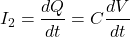 \begin{align*} I_2 = \frac{dQ}{dt} = C \frac{dV}{dt} \end{align*}